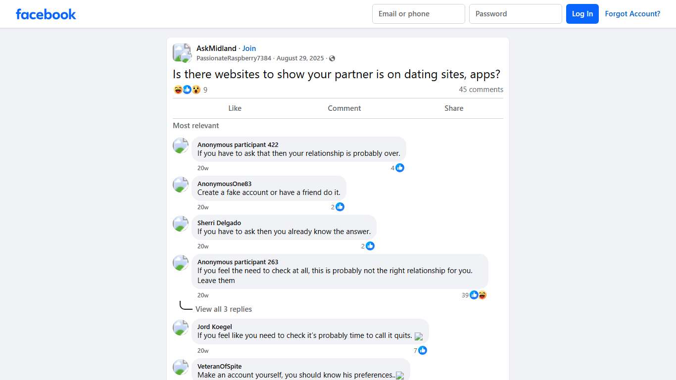 AskMidland | Is there websites to show your partner is on dating sites, apps | Facebook